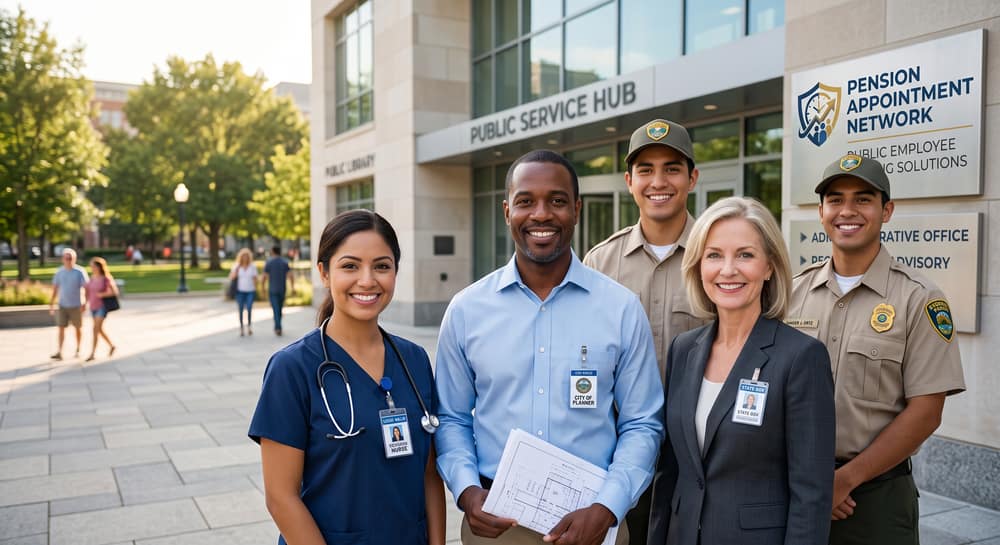 A nurse, city planner, state employee, and two park rangers standing outside a public service building